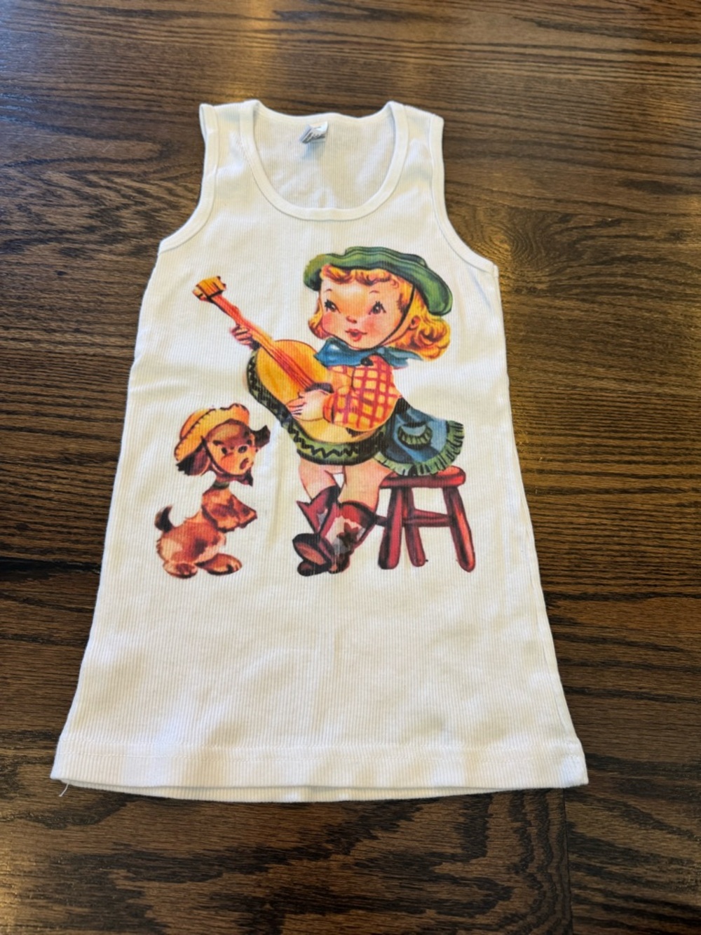 American Apparel Vintage LucyWhite Girls' Graphic Tank with Vintage Girl & Puppy